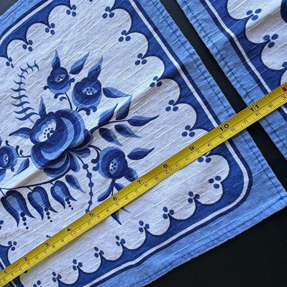 Vintage Blue Floral Cloth Napkins Set of 2 Scalloped Border 11x11 Square Linens